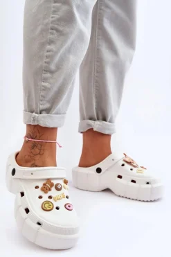 New Damskie Piankowe Klapki Kroksy Z Ozdobami Białe Marlett Damskie Klapki Basenowe|Klapki Na Platformie