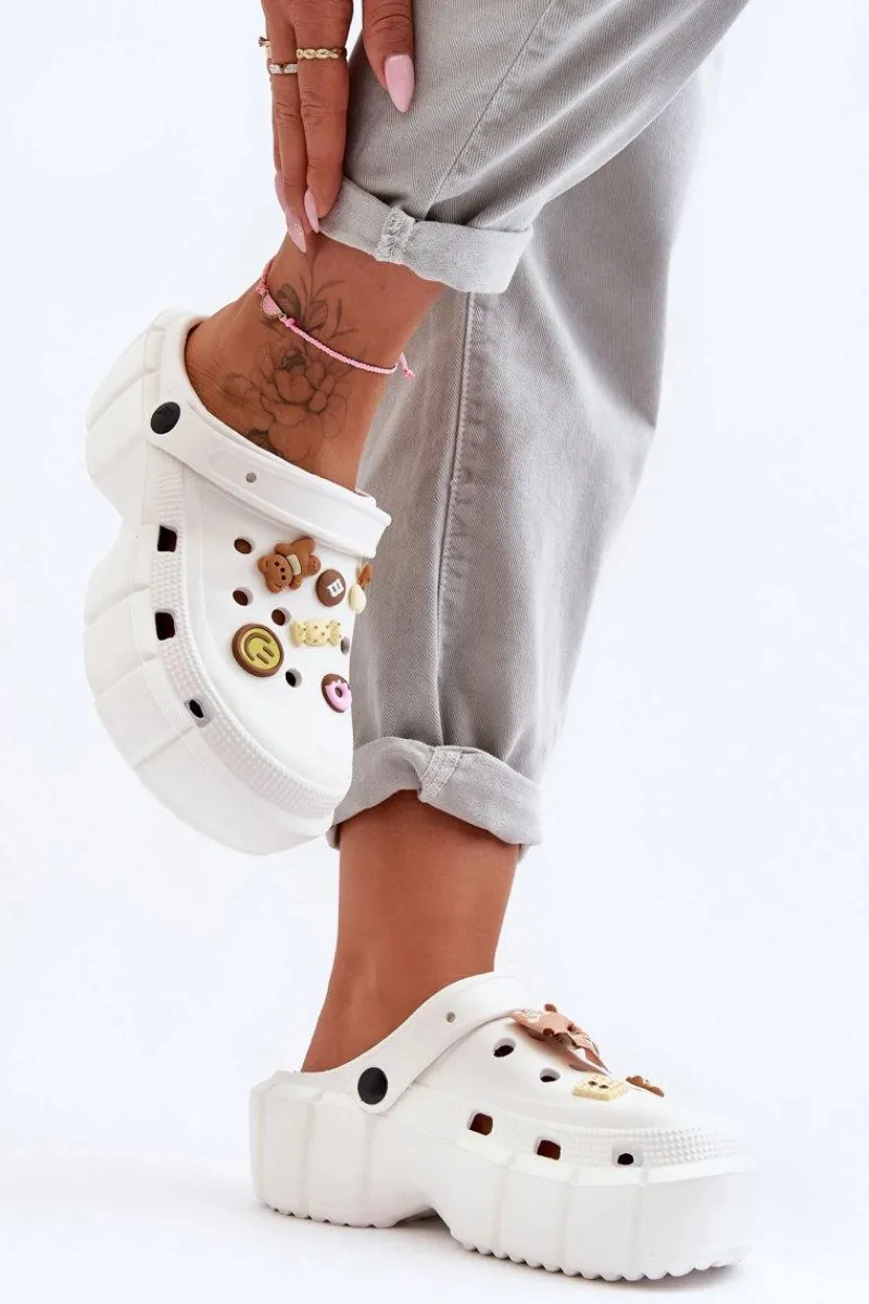 New Damskie Piankowe Klapki Kroksy Z Ozdobami Białe Marlett Damskie Klapki Basenowe|Klapki Na Platformie