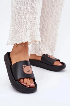 Sale Damskie Piankowe Klapki Z Misiem Czarne Lalon Damskie Klapki Basenowe|Klapki Damskie Klasyczne