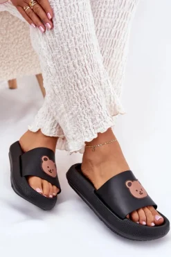 Sale Damskie Piankowe Klapki Z Misiem Czarne Lalon Damskie Klapki Basenowe|Klapki Damskie Klasyczne