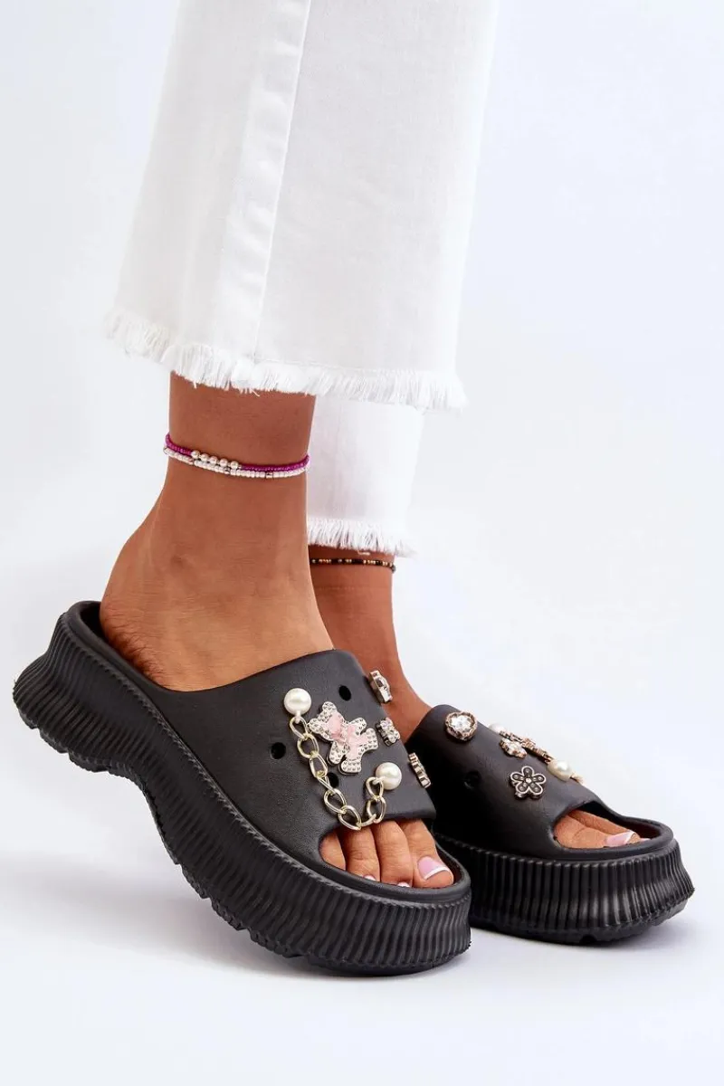 Hot Boto Damskie Piankowe Klapki Z Ozdobami Czarne Afariana