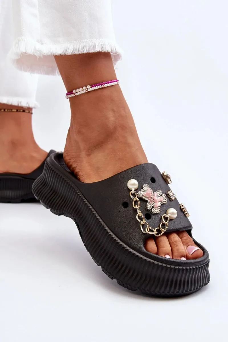 Hot Boto Damskie Piankowe Klapki Z Ozdobami Czarne Afariana