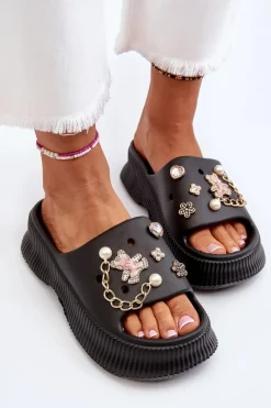 Hot Boto Damskie Piankowe Klapki Z Ozdobami Czarne Afariana