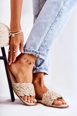 Klapki Damskie Klasyczne>Boto Damskie Plecione Klapki Beżowe Maraya