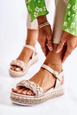 New Damskie Plecione Sandały Na Koturnie Beżowe Chaves Damskie Sandały Na Koturnie
