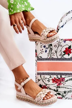 New Damskie Plecione Sandały Na Koturnie Beżowe Chaves Damskie Sandały Na Koturnie