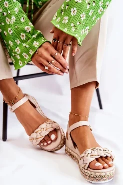 New Damskie Plecione Sandały Na Koturnie Beżowe Chaves Damskie Sandały Na Koturnie