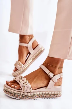 New Damskie Plecione Sandały Na Koturnie Beżowe Chaves Damskie Sandały Na Koturnie