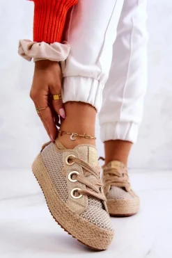 Trampki Damskie Big Star|Trampki Damskie Niskie>Big Star Shoes Damskie Plecione Tenisówki Big Star JJ274392 Beżowo-Złote