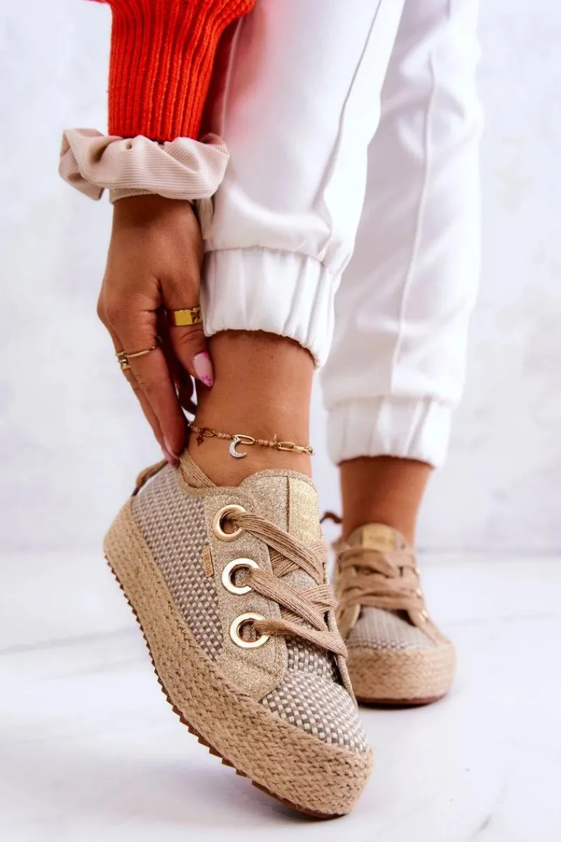 Trampki Damskie Big Star|Trampki Damskie Niskie>Big Star Shoes Damskie Plecione Tenisówki Big Star JJ274392 Beżowo-Złote