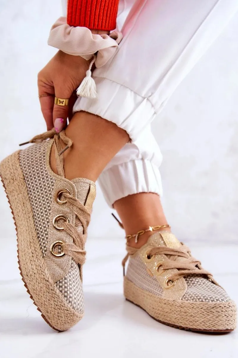 Trampki Damskie Big Star|Trampki Damskie Niskie>Big Star Shoes Damskie Plecione Tenisówki Big Star JJ274392 Beżowo-Złote