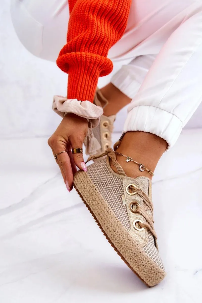 Trampki Damskie Big Star|Trampki Damskie Niskie>Big Star Shoes Damskie Plecione Tenisówki Big Star JJ274392 Beżowo-Złote