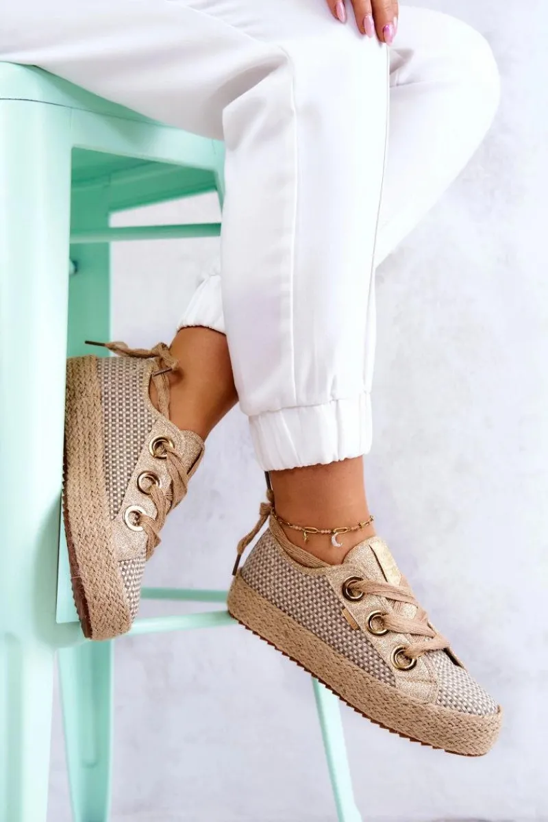 Trampki Damskie Big Star|Trampki Damskie Niskie>Big Star Shoes Damskie Plecione Tenisówki Big Star JJ274392 Beżowo-Złote