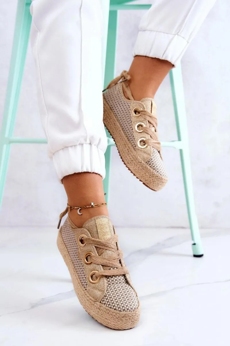 Trampki Damskie Big Star|Trampki Damskie Niskie>Big Star Shoes Damskie Plecione Tenisówki Big Star JJ274392 Beżowo-Złote