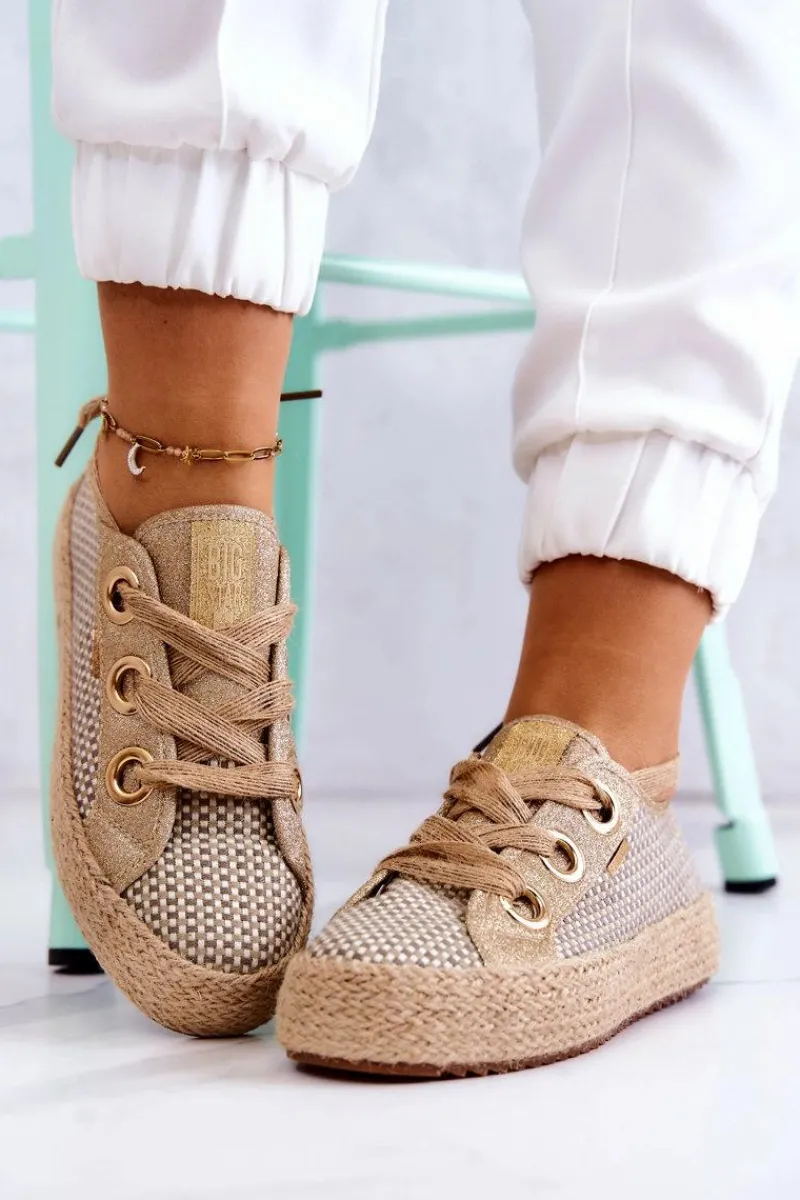 Trampki Damskie Big Star|Trampki Damskie Niskie>Big Star Shoes Damskie Plecione Tenisówki Big Star JJ274392 Beżowo-Złote