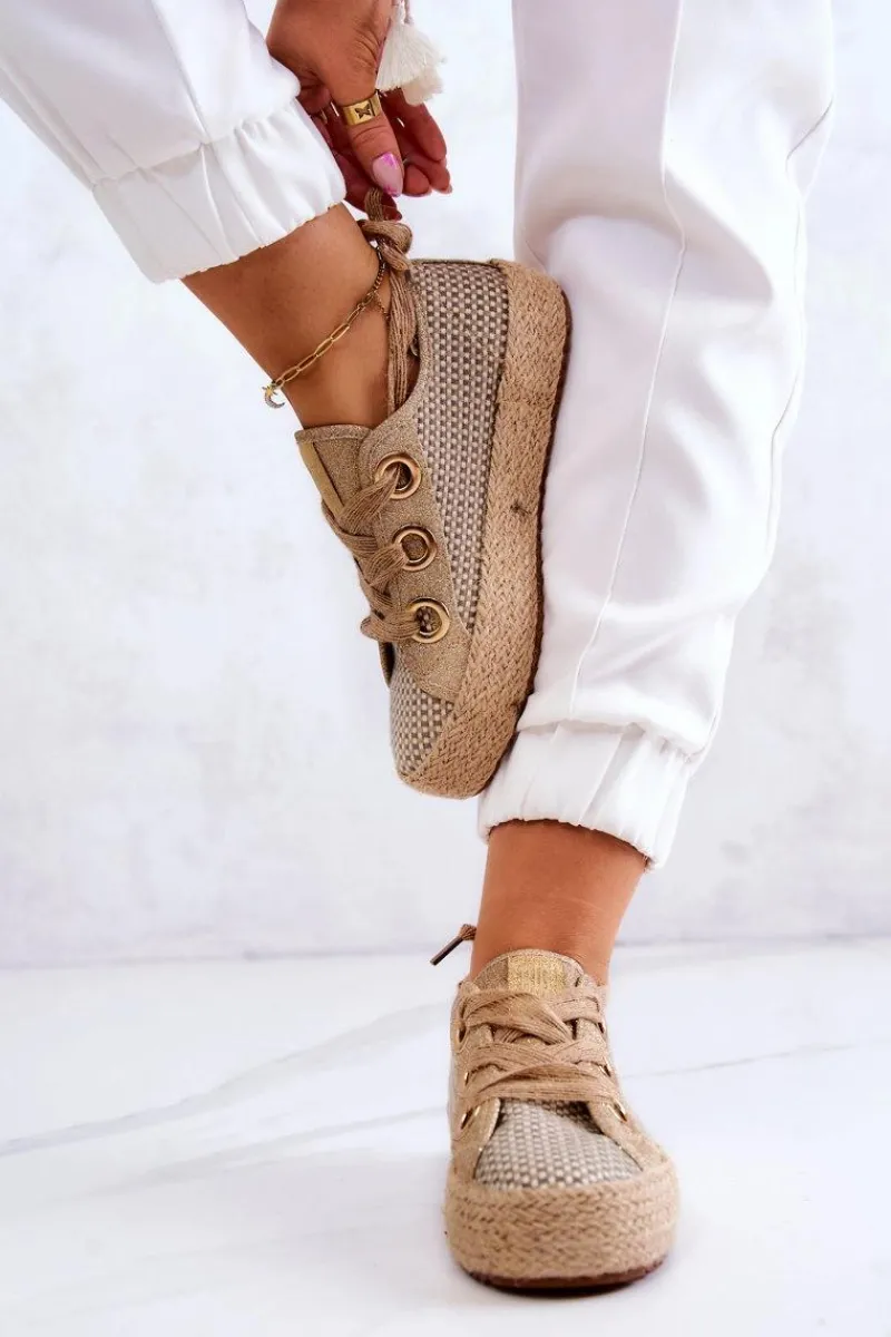 Trampki Damskie Big Star|Trampki Damskie Niskie>Big Star Shoes Damskie Plecione Tenisówki Big Star JJ274392 Beżowo-Złote