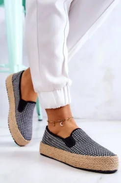 Hot Big Star Shoes Damskie Plecione Tenisówki Slip On Big Star JJ274395 Czarne