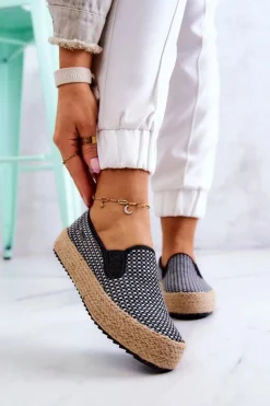 Hot Big Star Shoes Damskie Plecione Tenisówki Slip On Big Star JJ274395 Czarne