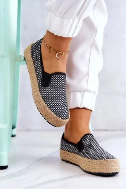 Hot Big Star Shoes Damskie Plecione Tenisówki Slip On Big Star JJ274395 Czarne