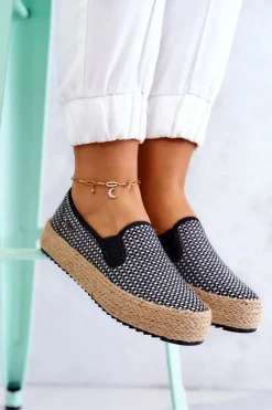 Hot Big Star Shoes Damskie Plecione Tenisówki Slip On Big Star JJ274395 Czarne