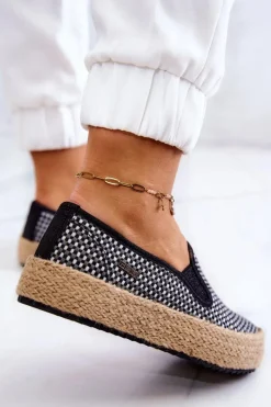 Hot Big Star Shoes Damskie Plecione Tenisówki Slip On Big Star JJ274395 Czarne