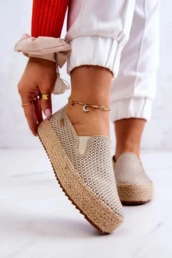 Sale Damskie Plecione Tenisówki Slip On Big Star JJ274394 Beżowe Damskie Trampki Damskie Slip-On|Trampki Damskie Big Star