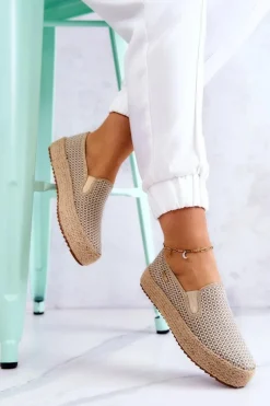 Sale Damskie Plecione Tenisówki Slip On Big Star JJ274394 Beżowe Damskie Trampki Damskie Slip-On|Trampki Damskie Big Star