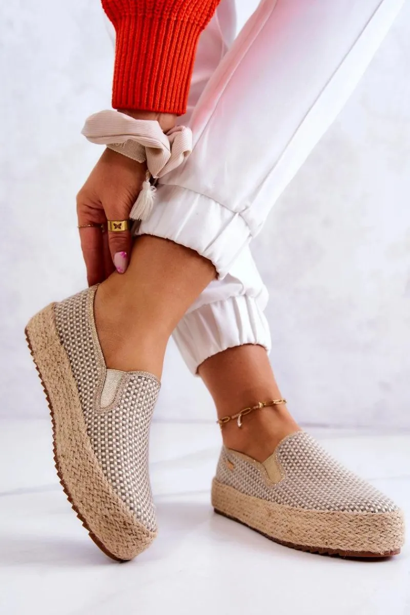 Sale Damskie Plecione Tenisówki Slip On Big Star JJ274394 Beżowe Damskie Trampki Damskie Slip-On|Trampki Damskie Big Star