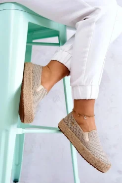 Sale Damskie Plecione Tenisówki Slip On Big Star JJ274394 Beżowe Damskie Trampki Damskie Slip-On|Trampki Damskie Big Star