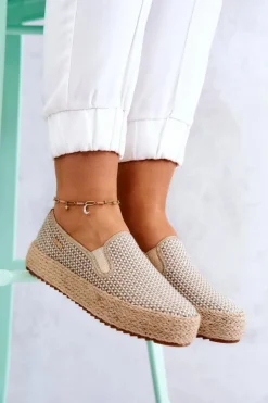 Sale Damskie Plecione Tenisówki Slip On Big Star JJ274394 Beżowe Damskie Trampki Damskie Slip-On|Trampki Damskie Big Star