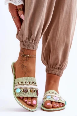 Boto Damskie Plecione Zdobione Klapki Zielone Millano