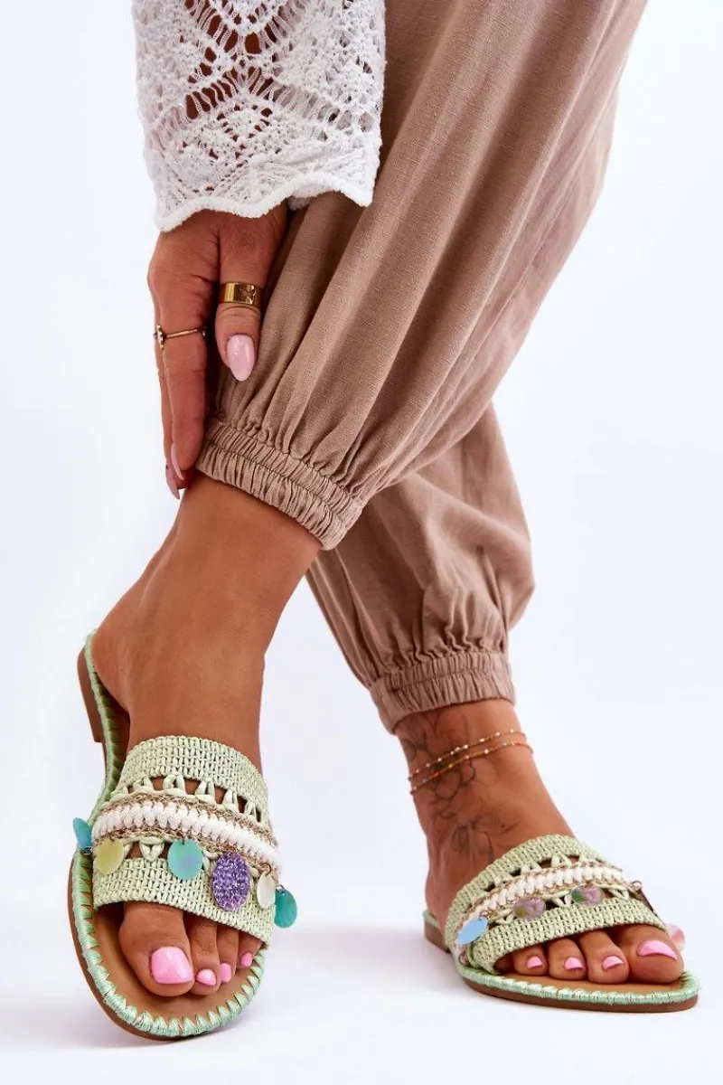 Boto Damskie Plecione Zdobione Klapki Zielone Millano