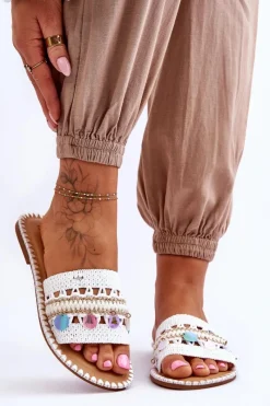 Klapki Damskie Klasyczne>Boto Damskie Plecione Zdobione Klapki Białe Millano