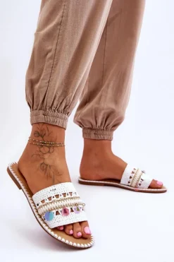 Klapki Damskie Klasyczne>Boto Damskie Plecione Zdobione Klapki Białe Millano