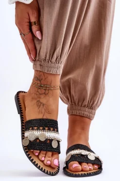 Outlet Boto Damskie Plecione Zdobione Klapki Czarne Millano