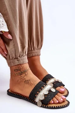 Outlet Boto Damskie Plecione Zdobione Klapki Czarne Millano