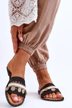 Outlet Boto Damskie Plecione Zdobione Klapki Czarne Millano