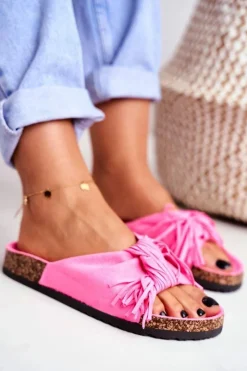 Online Boto Damskie Różowe Fluo Klapki Na Korku Frędzle Marina