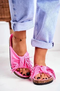 Online Boto Damskie Różowe Fluo Klapki Na Korku Frędzle Marina