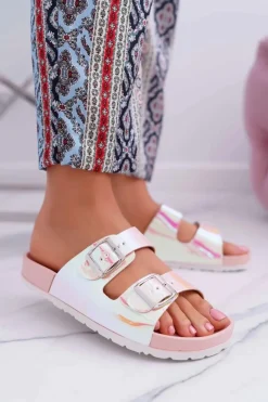 Online Damskie Różowe Profilowane Klapki Opalizujące Astramos Damskie Klapki Damskie Klasyczne