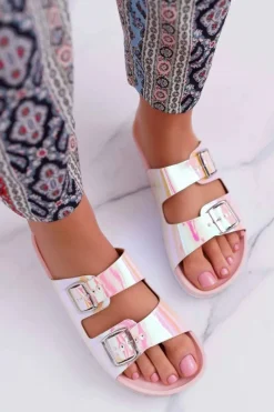 Online Damskie Różowe Profilowane Klapki Opalizujące Astramos Damskie Klapki Damskie Klasyczne