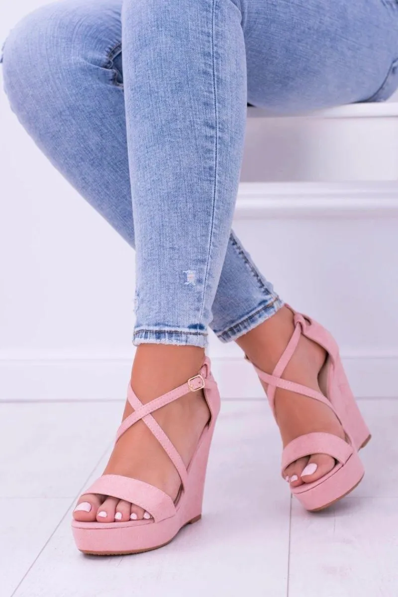 New Damskie Różowe Zamszowe Sandały Na Koturnie Eline Damskie Sandały Na Koturnie