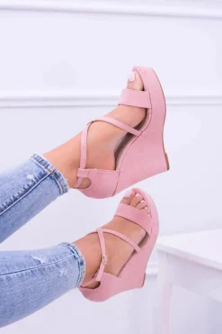 New Damskie Różowe Zamszowe Sandały Na Koturnie Eline Damskie Sandały Na Koturnie