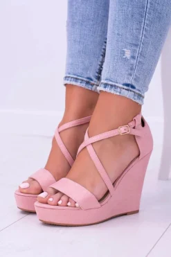 New Damskie Różowe Zamszowe Sandały Na Koturnie Eline Damskie Sandały Na Koturnie