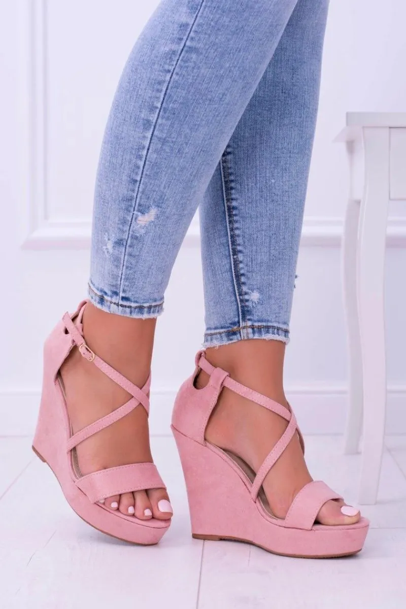 New Damskie Różowe Zamszowe Sandały Na Koturnie Eline Damskie Sandały Na Koturnie