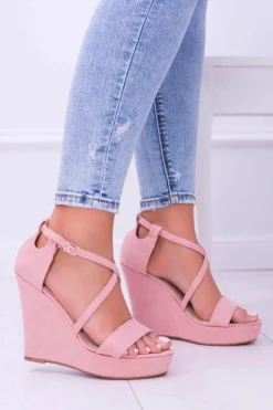 New Damskie Różowe Zamszowe Sandały Na Koturnie Eline Damskie Sandały Na Koturnie