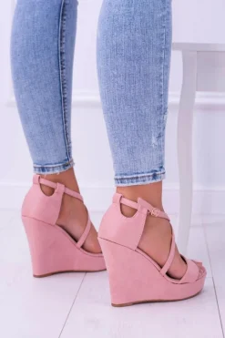 New Damskie Różowe Zamszowe Sandały Na Koturnie Eline Damskie Sandały Na Koturnie