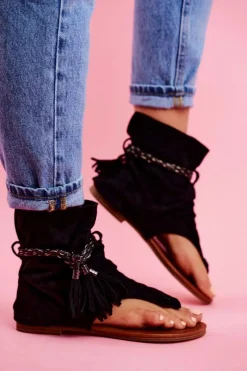 Best Damskie Sandałki Japonki Z Cholewką Czarne SL1011 Madrit Damskie Sandały Płaskie