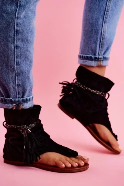 Best Damskie Sandałki Japonki Z Cholewką Czarne SL1011 Madrit Damskie Sandały Płaskie