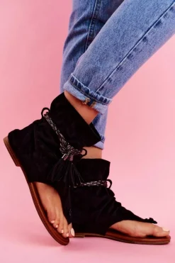 Best Damskie Sandałki Japonki Z Cholewką Czarne SL1011 Madrit Damskie Sandały Płaskie